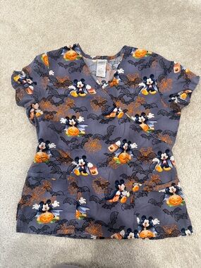Disney Gray & Orange Mickey Mouse Halloween Scrub Top